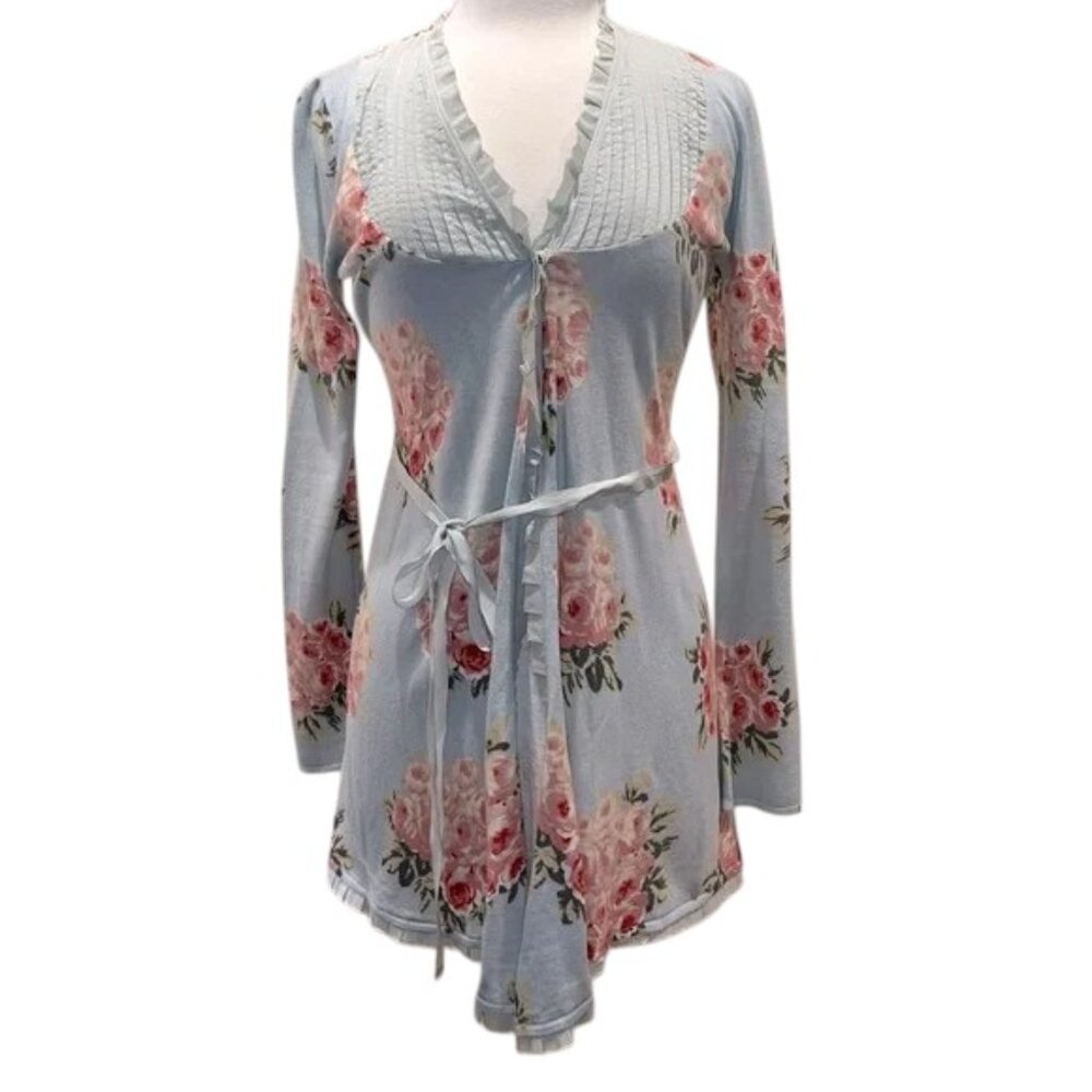 Betsey Johnson Y2K VINTAGE Pink Roses Seafoam Long Ruffle Cardigan Duster NWT